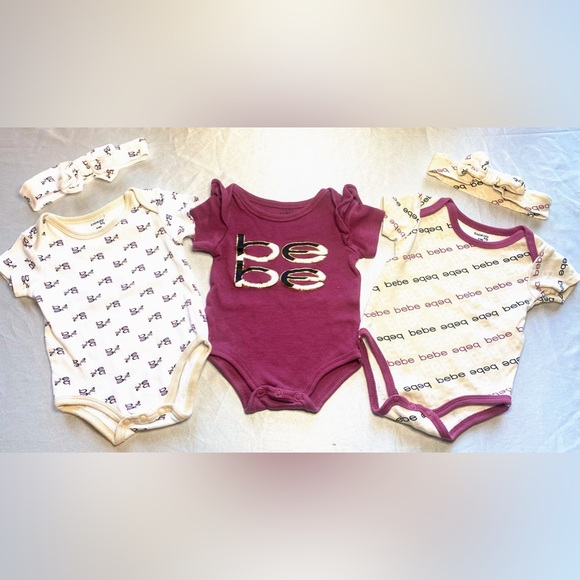 6-9mo Bebe Baby Bundle of 3 Onesies & 2 Matching Bow/Headbands - Picture 1 of 5